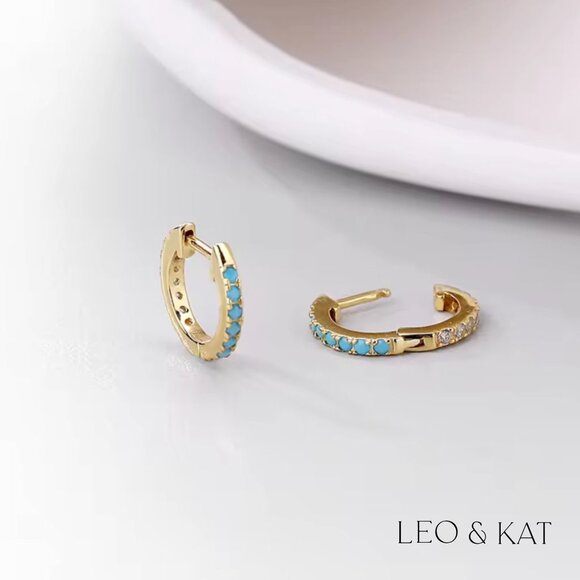 Reversible Eternity Zircon and Turquoise Huggies. 925 Sterling Silver. #1045 - Picture 3 of 6